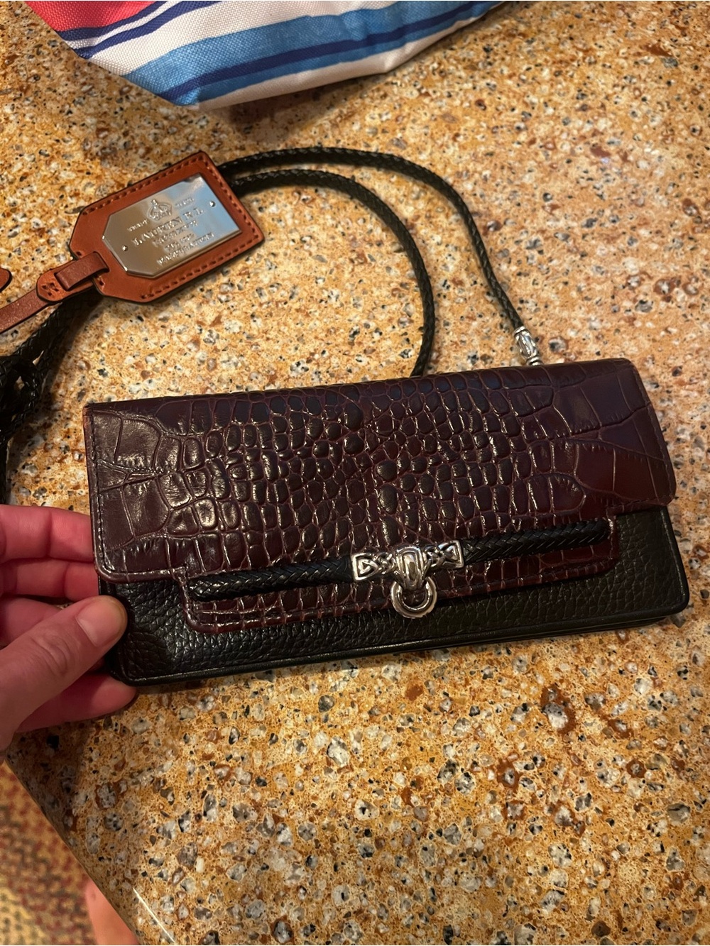 Brighton Two-Tone Croc-Embossed Leather Clutch – Burgundy & Black